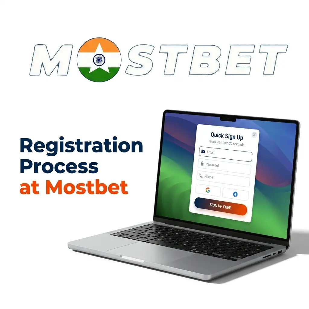 Mostbet registration process steps showing sign-up form with phone, email, and social media options for Indian users